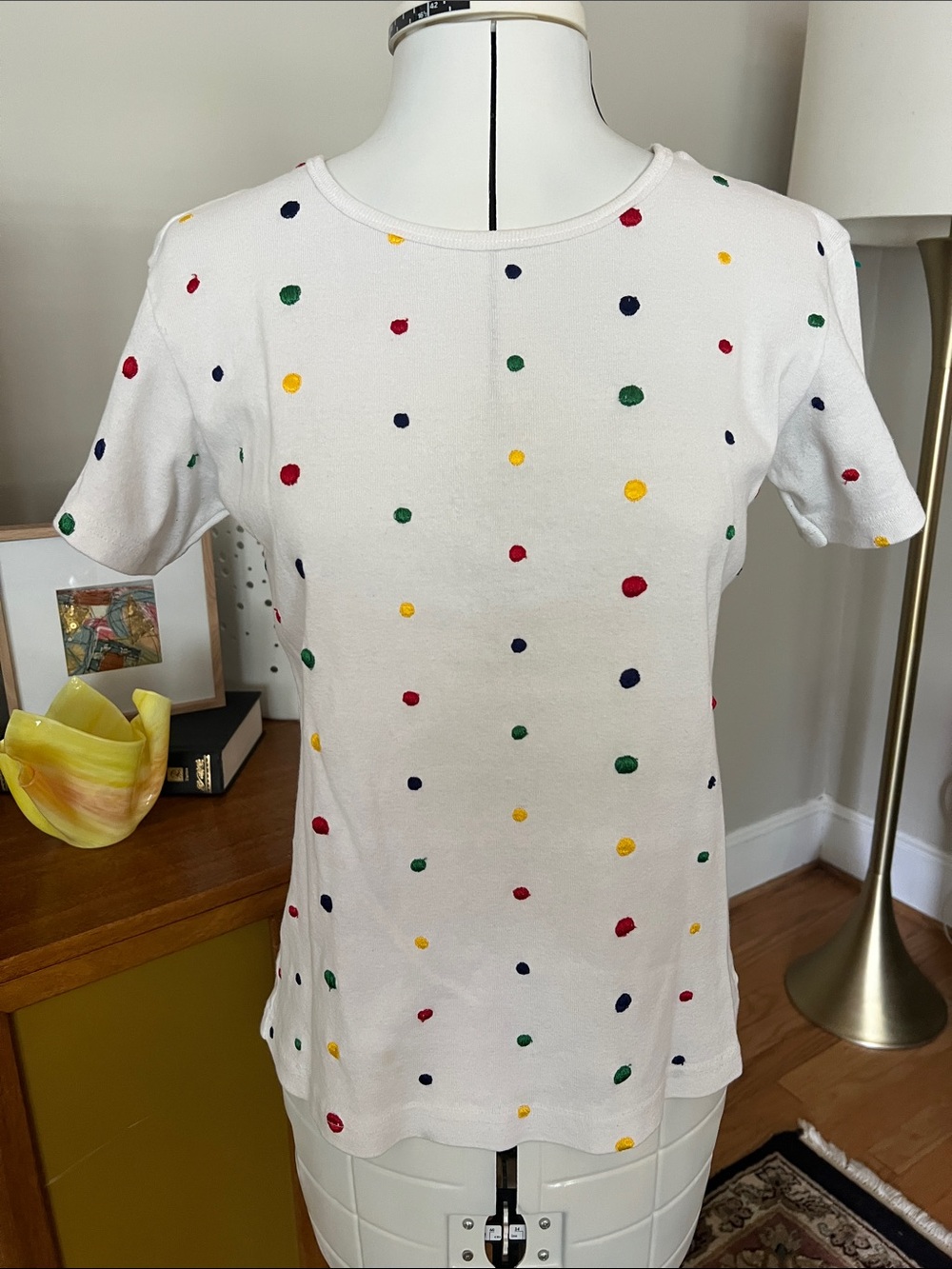 90s Vintage Can Cans Women's White Short Sleeve Embroidered Dot Knit Tee